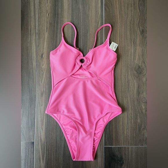 Aeropostale size small juniors Ribbed O-ring Monokini in bright pink one piece - Picture 1 of 9